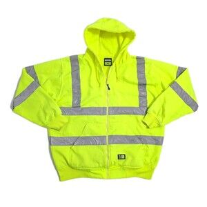 Berne Men's XL Hi-Vis Lined Reflective Hooded Sweatshirt Zip Jacket Green Yellow